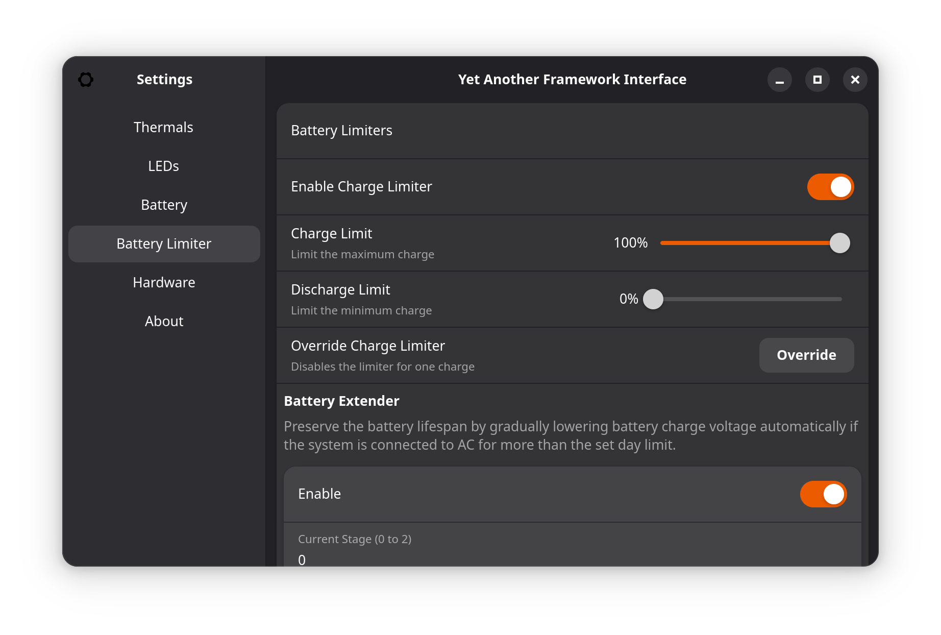 YAFI GUI showing fan control, LED brightness, battery management, and hardware information